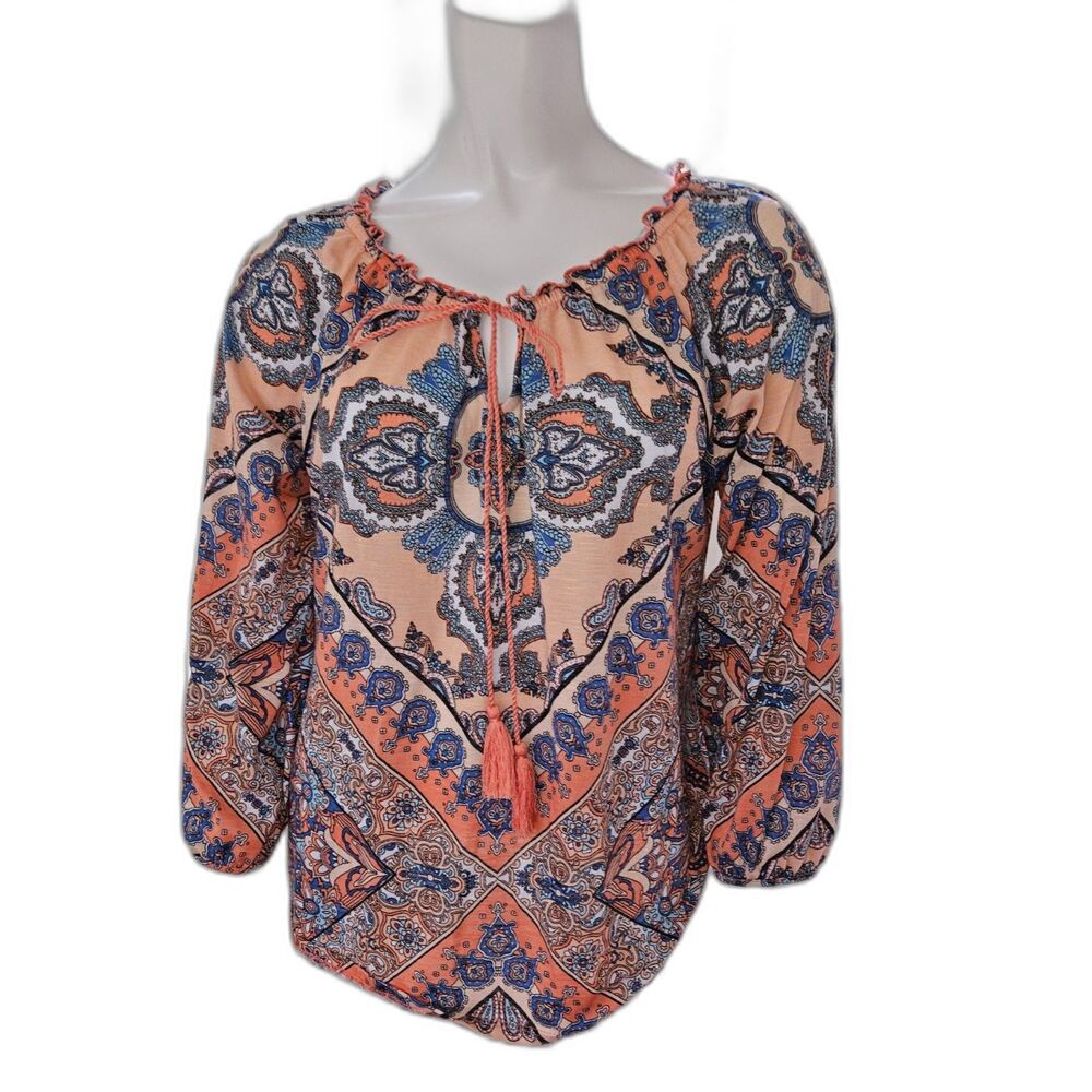 Dress Barn Orange Cream Blue Hippie Boho Peasant Blouse Womens Size Medium